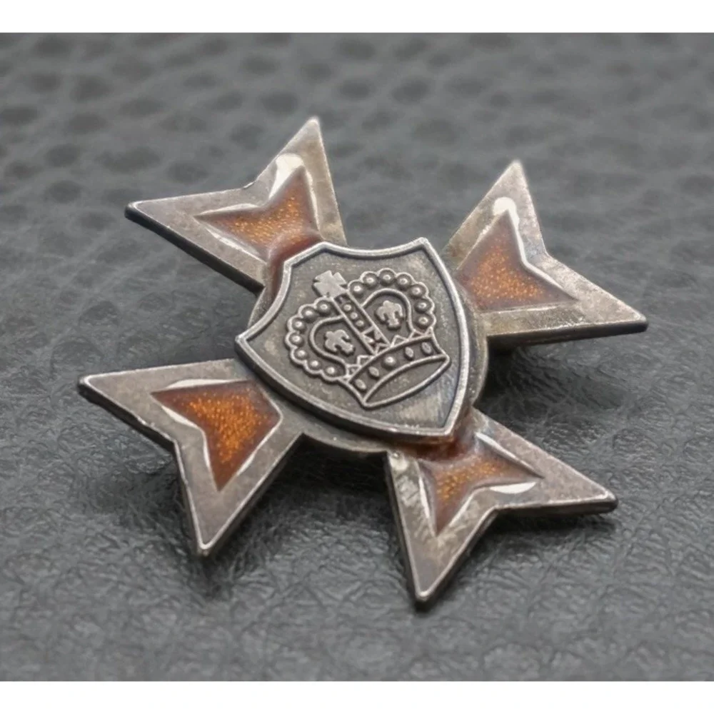 VINTAGE MILITARY CROWN CROSS SHIELD GUILLOCHE ENAMEL BROOCH PIN